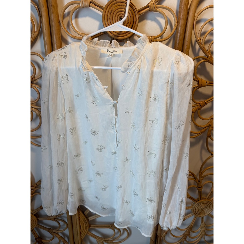Haver & Blair London White Silver‎ Glitter Bow Ruffle Neck Blouse Top Womens XS
